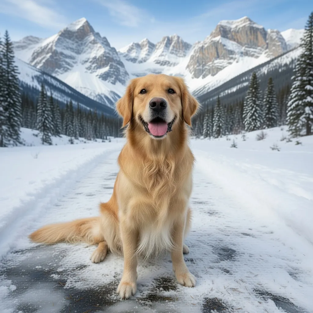 AI background changer result: the same golden retriever sitting on a snowy mountain trail with snowy peaks behind