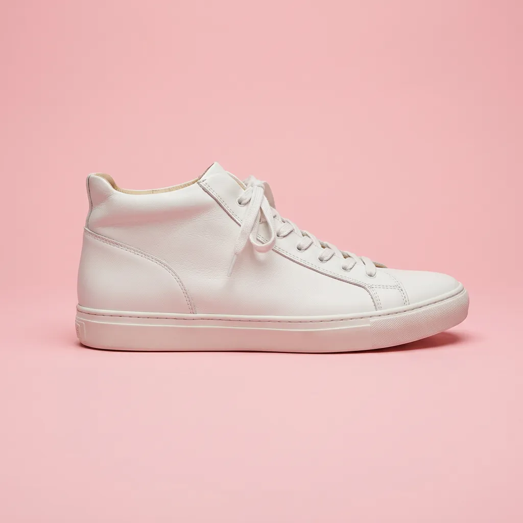 White sneaker moved from a messy kitchen table onto a clean pastel pink studio backdrop with Nano Banana 2