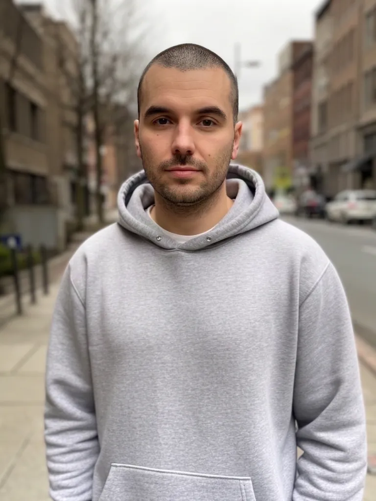 AI hairstyle changer result: the same man with a clean buzz cut, beard and grey hoodie on the street