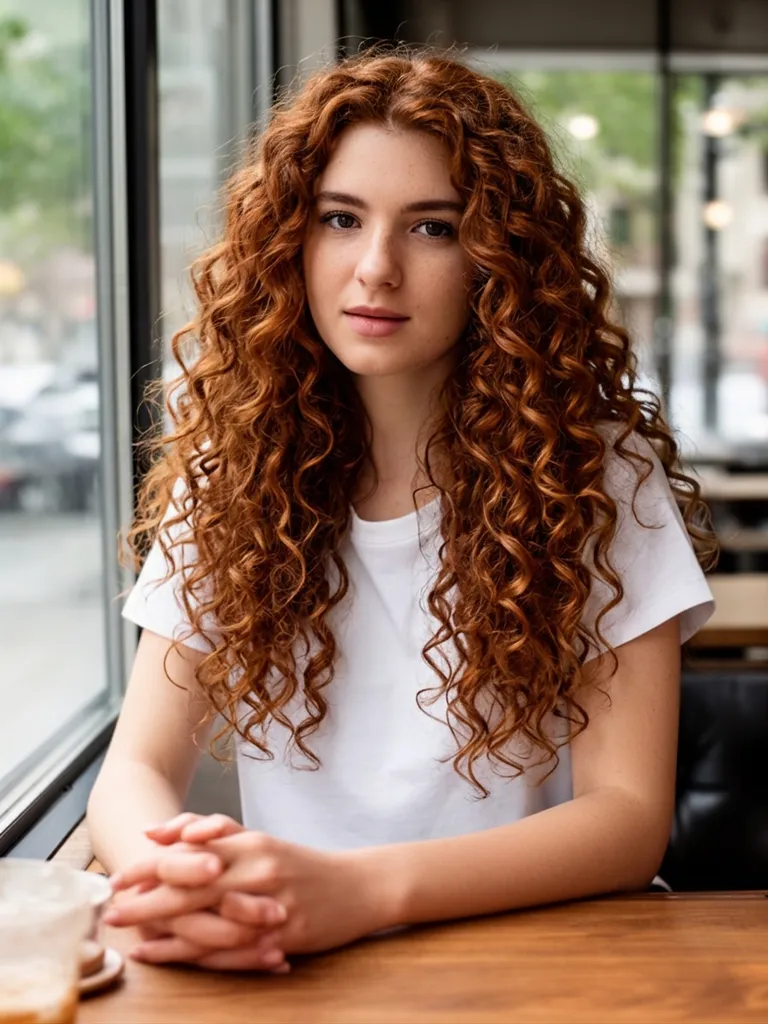 AI hairstyle changer result: the same woman with voluminous curly copper red hair at the cafe
