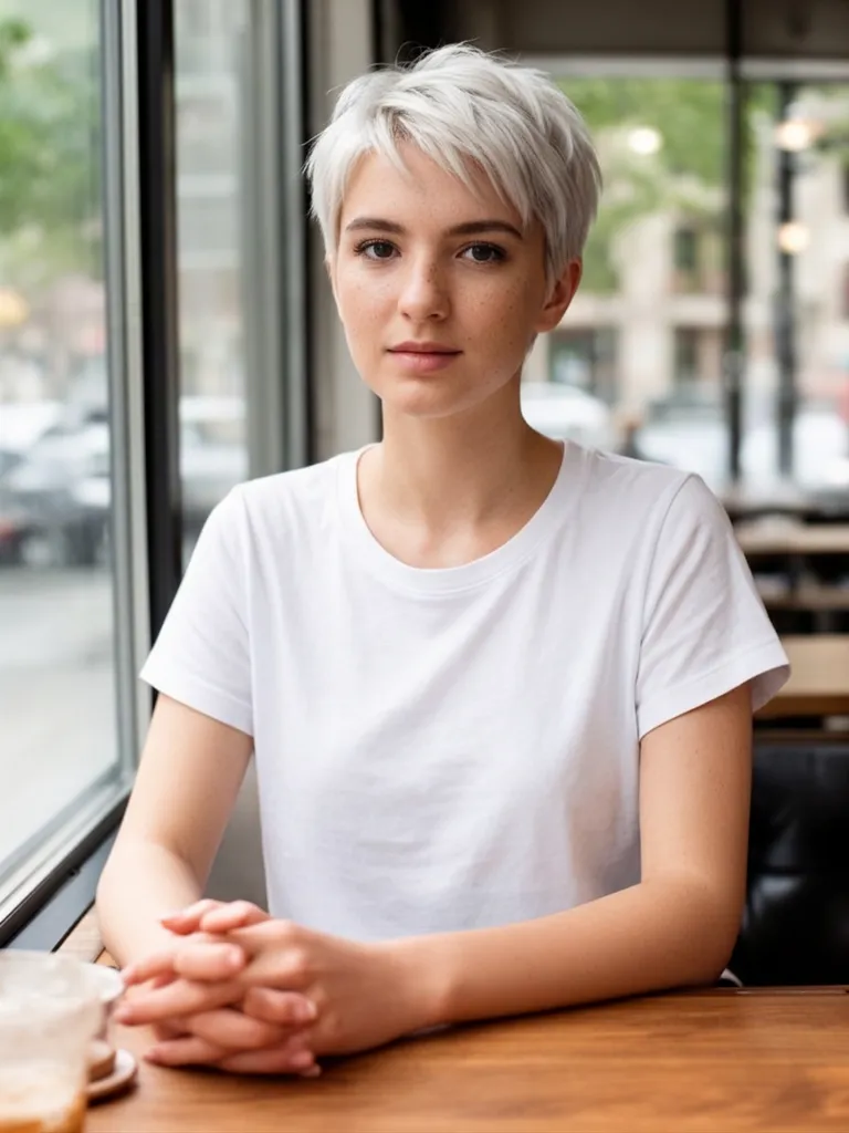 AI hairstyle changer result: the same woman with a short platinum blonde pixie cut at the cafe