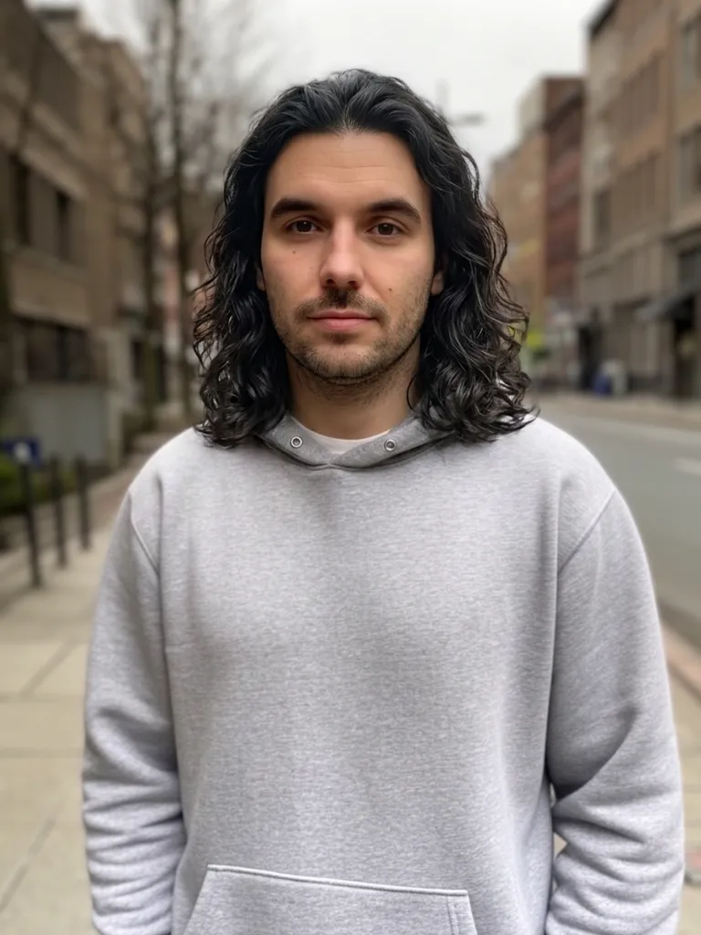 AI hairstyle changer result: the same man with shoulder-length wavy dark hair on the street