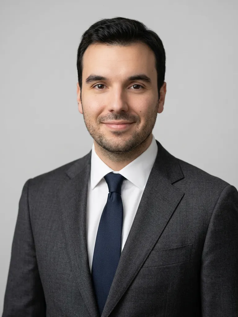 AI headshot generator result: corporate headshot of a man in a charcoal suit and white shirt on a grey studio background