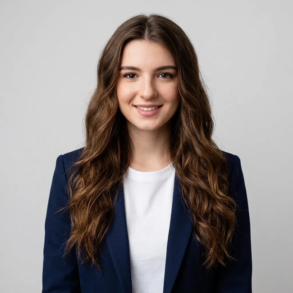 AI headshot generator result: professional LinkedIn headshot of a woman in a navy blazer on a light grey studio background