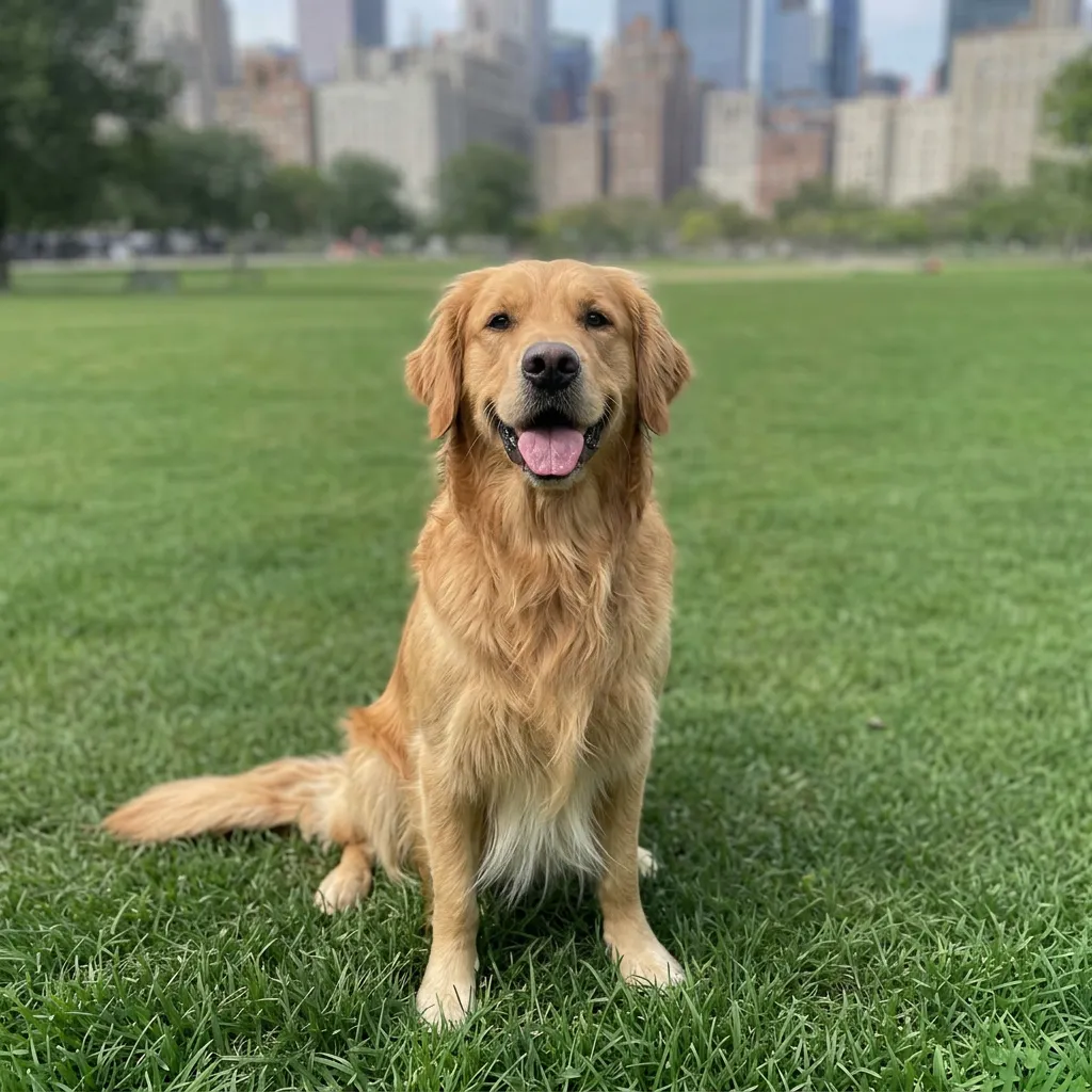 AI image upscaler result: crisp golden retriever photo with sharp fur and grass detail in a city park