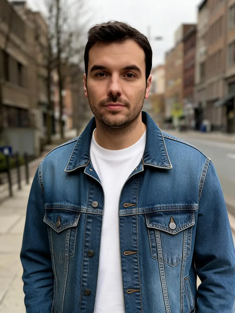 AI outfit changer result: the same man wearing a denim jacket over a white t-shirt on the city street