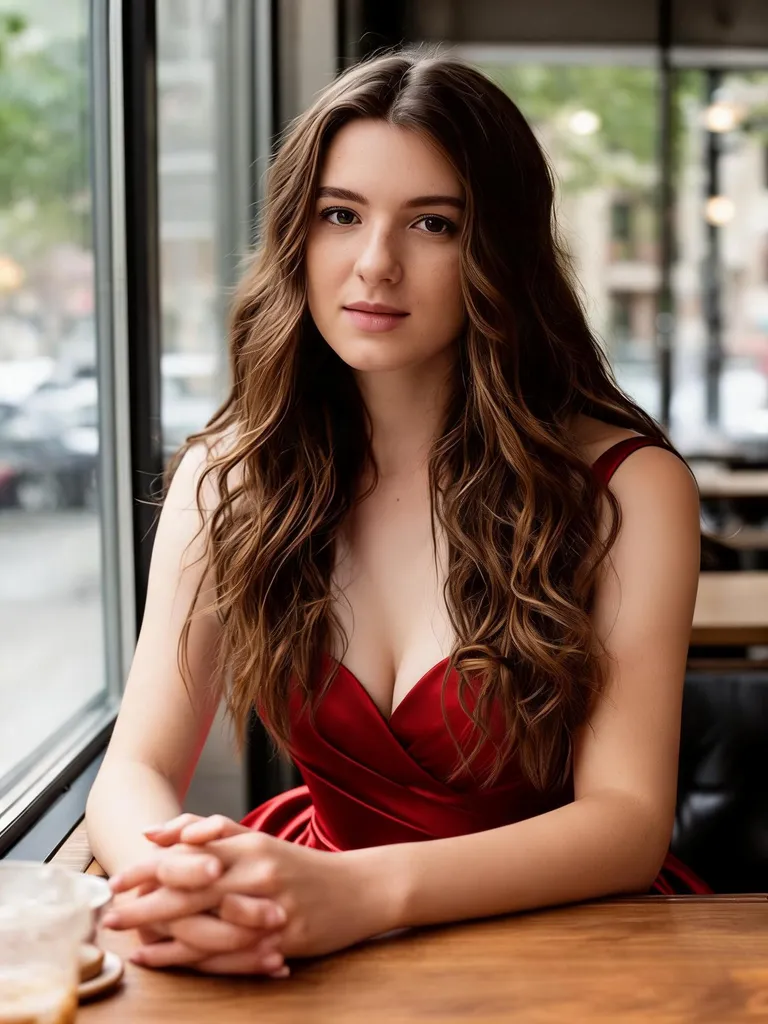 AI outfit changer result: the same woman wearing an elegant red evening gown in the cafe
