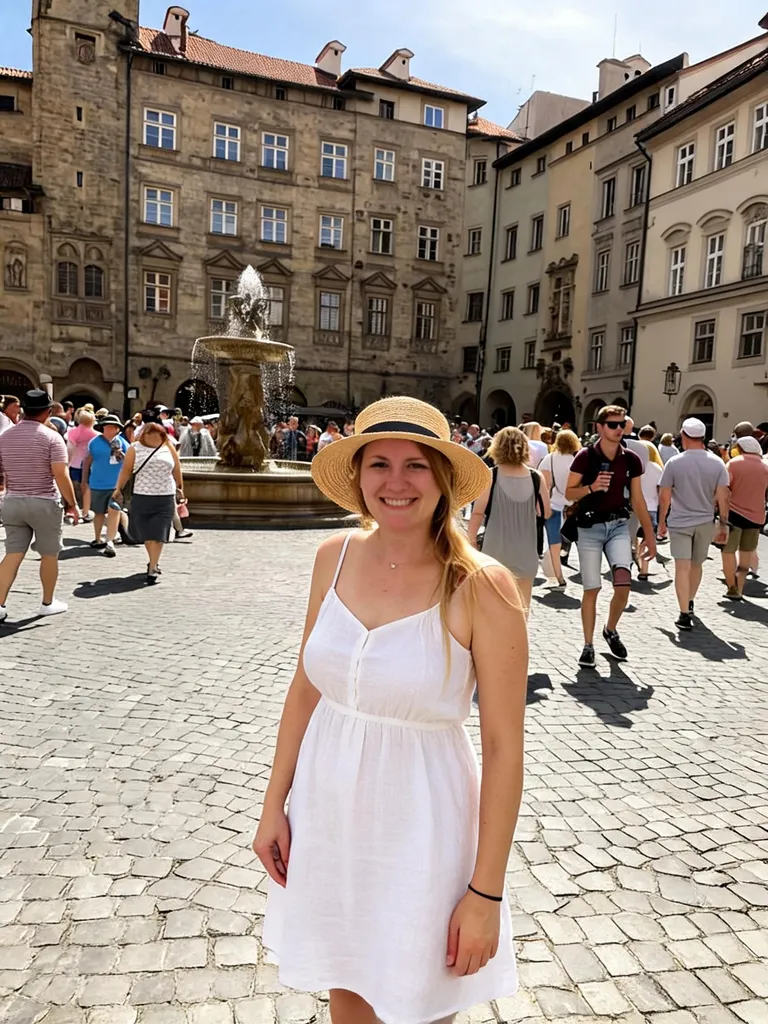 AI outfit changer result: woman in a white linen summer dress and straw hat in a crowded European old town square