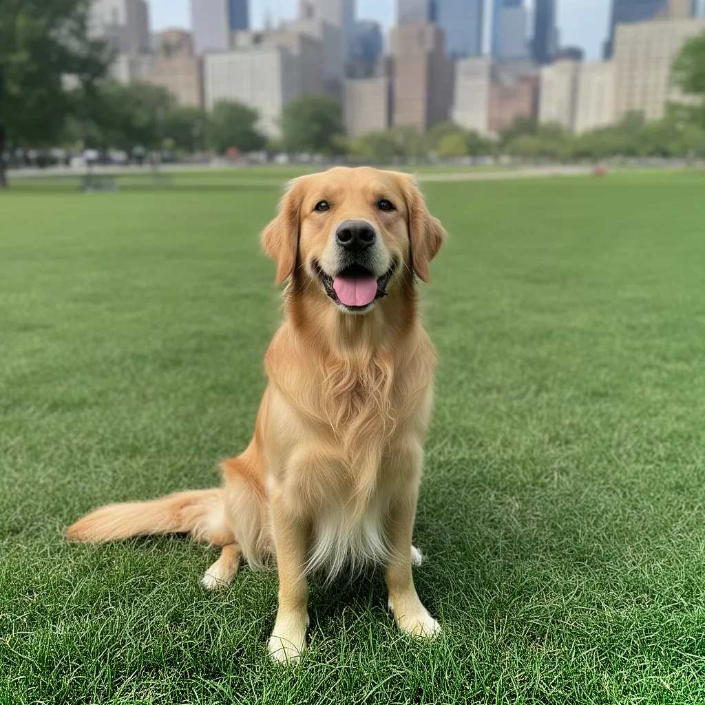 Original photo of a golden retriever sitting on grass in a city park