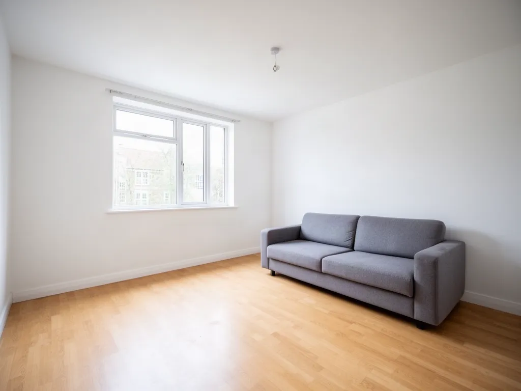 Original photo of an empty living room with white walls and a grey sofa