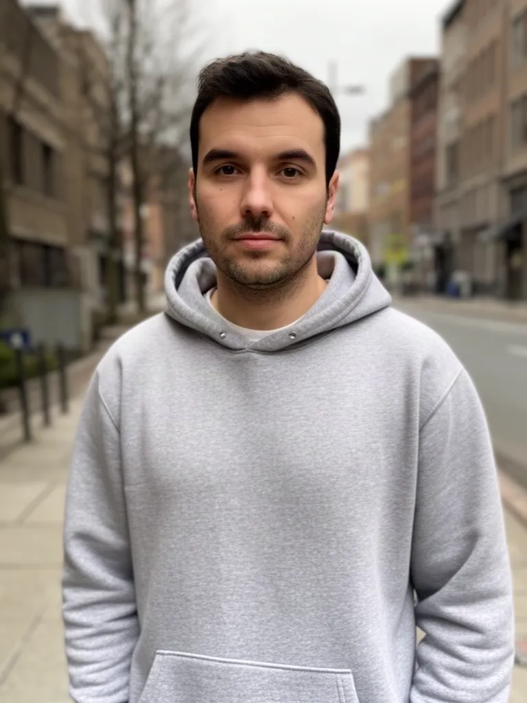 Original photo of a man with short dark hair and a light beard in a grey hoodie on a city street