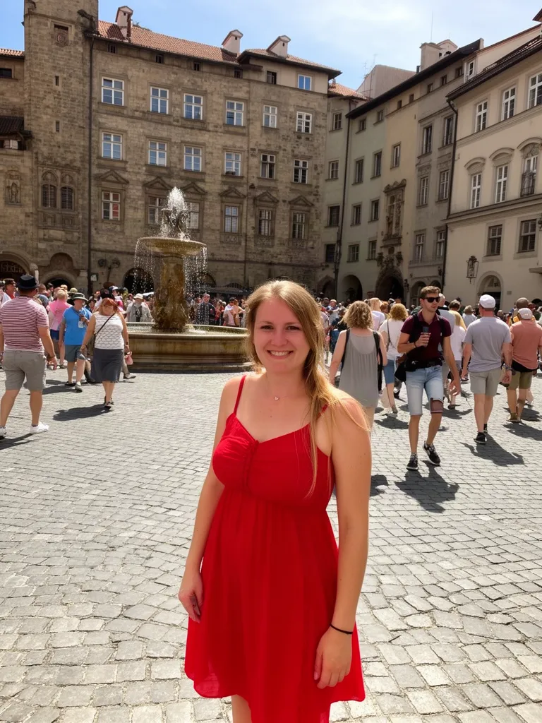 Original photo of a woman in a red dress in a crowded European old town square