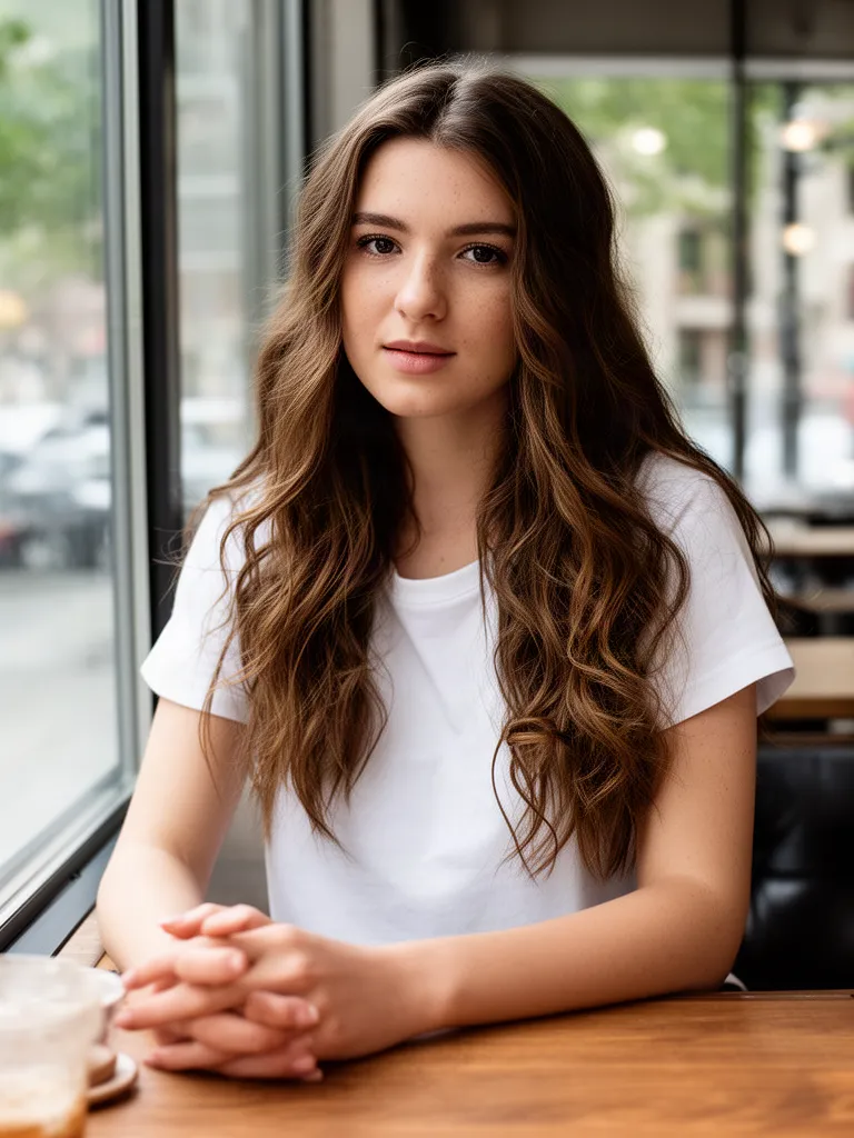 Young woman in a cafe before the Ghibli style edit