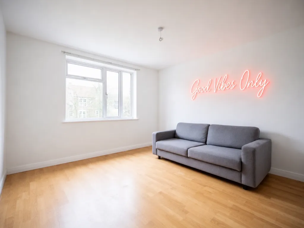 Pink neon sign reading Good Vibes Only added to a living room wall with GPT Image 2