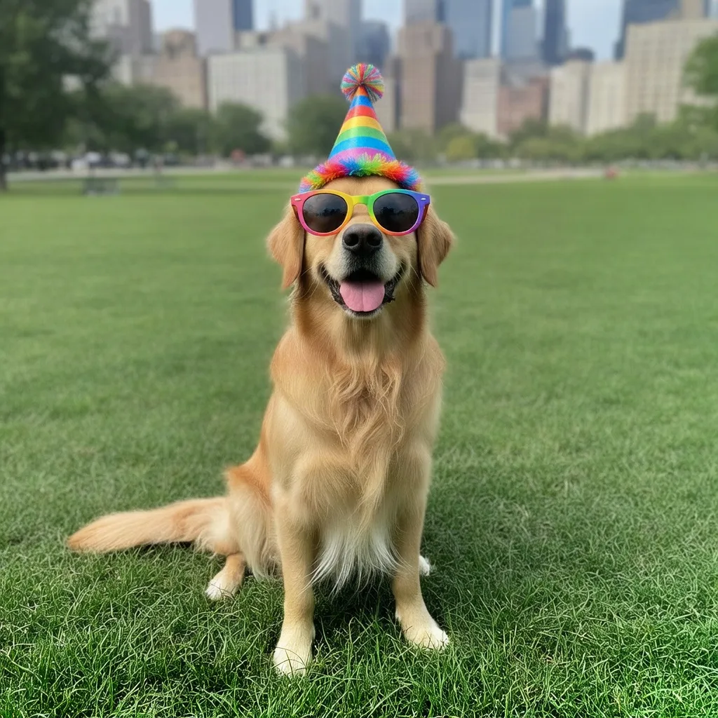 Golden retriever wearing rainbow sunglasses and a colorful party hat, edited with Grok Imagine