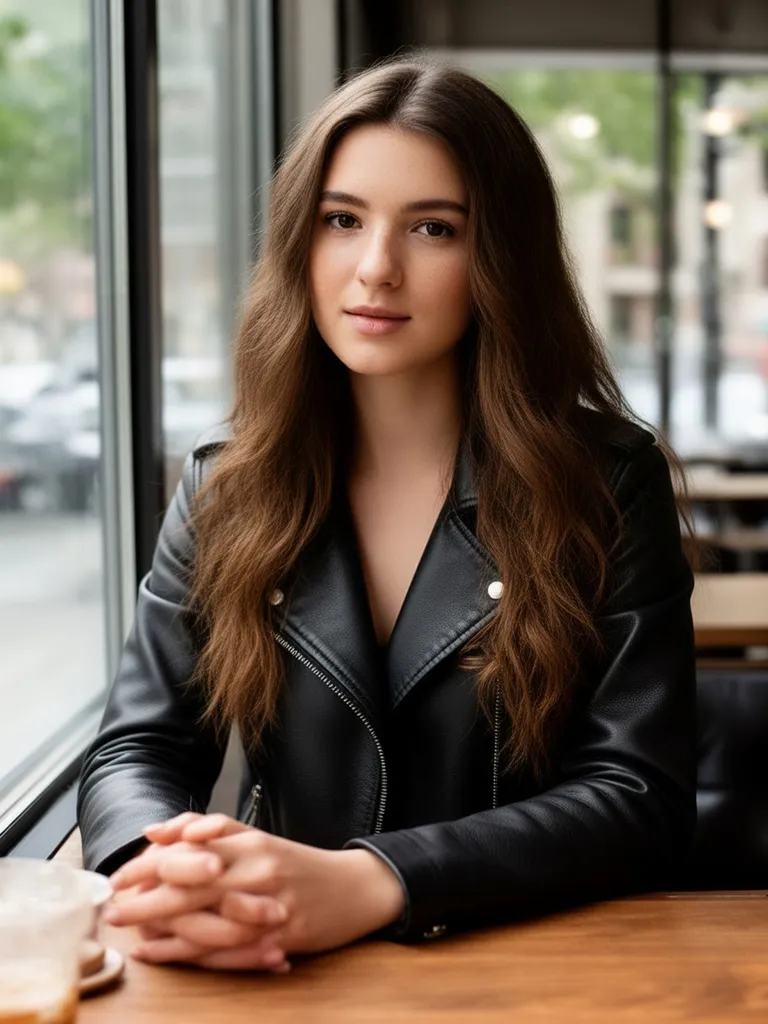 Woman at a cafe with her white t-shirt changed into a black leather jacket with Grok Imagine