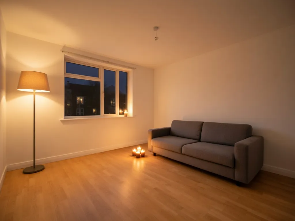 Living room turned into a cozy evening scene with warm lamp light and candles with Grok Imagine