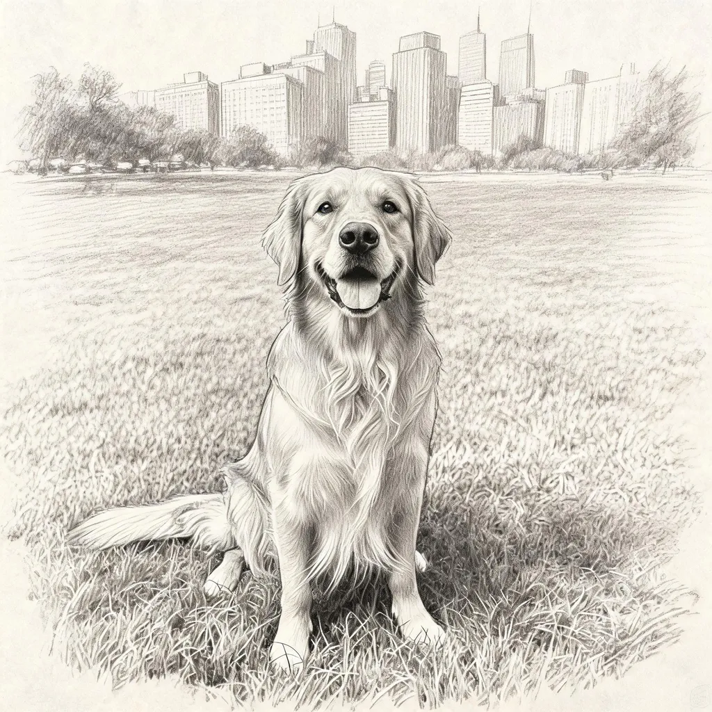 Image to image AI result: golden retriever photo turned into a detailed pencil sketch drawing on paper