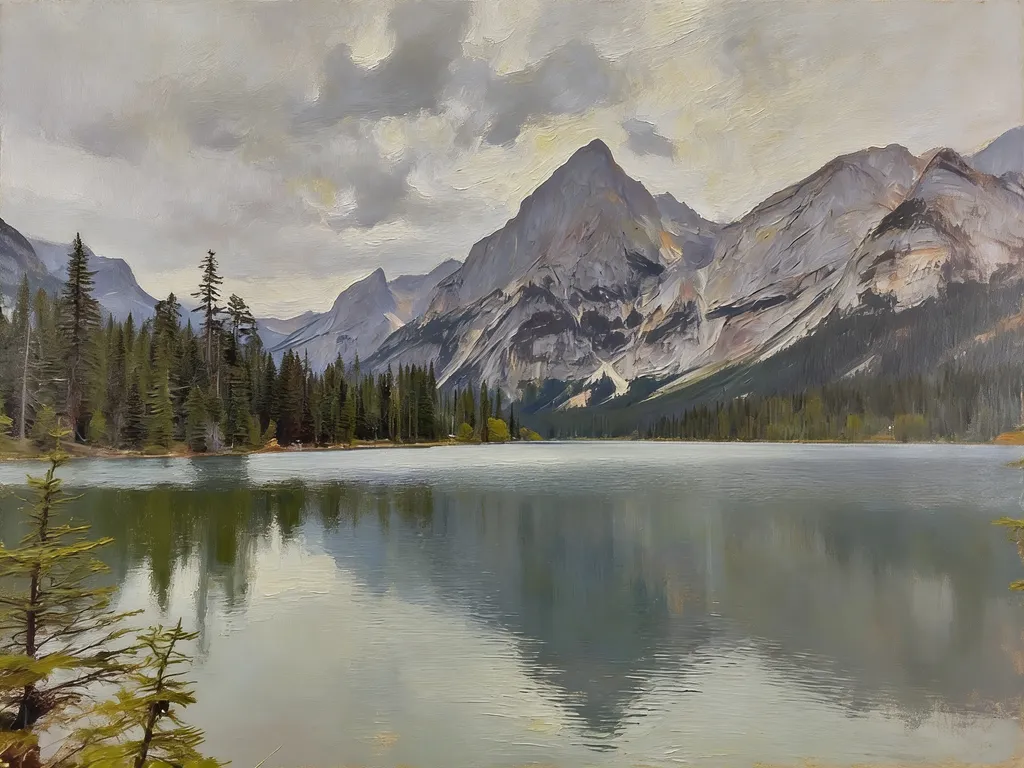 Image to image AI result: mountain lake photo turned into a classic oil painting with visible brush strokes