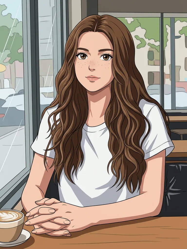 Image to image AI result: woman at a cafe table turned into a cel-shaded anime illustration, same pose and white t-shirt