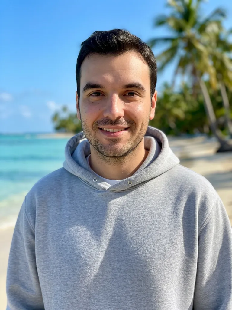 Same man smiling on a sunny tropical beach, background changed with Nano Banana 2