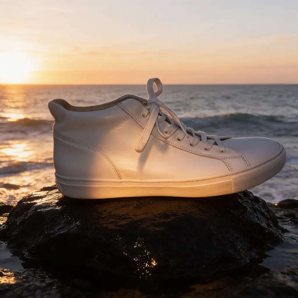 White sneaker placed on a wet black rock by the ocean at sunrise for an advertising photo with Seedream 4.5