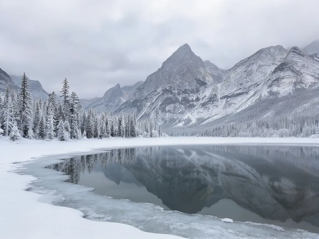 Mountain lake turned into a snowy winter scene with frozen edges and snow-covered trees with Seedream 4.5