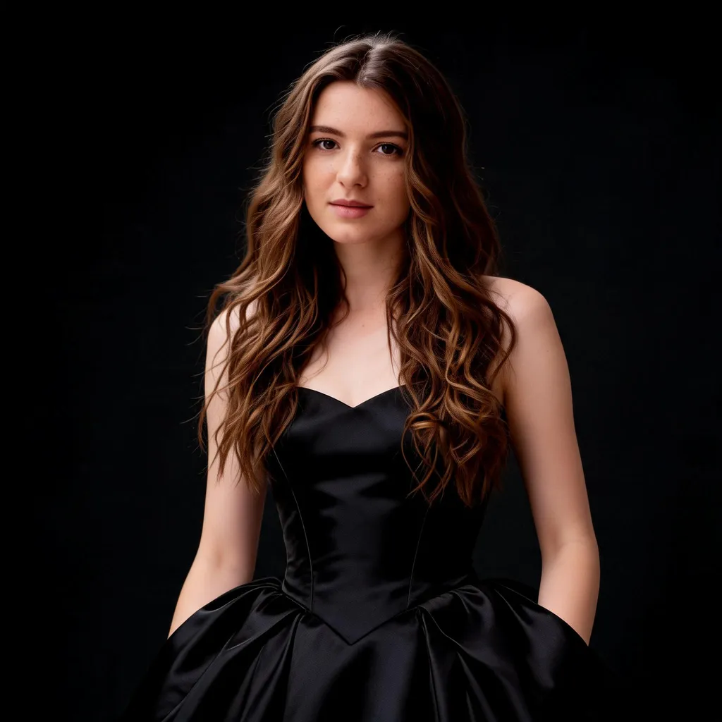 Fashion editorial portrait of the same woman in a black evening dress with Seedream 5.0 Lite