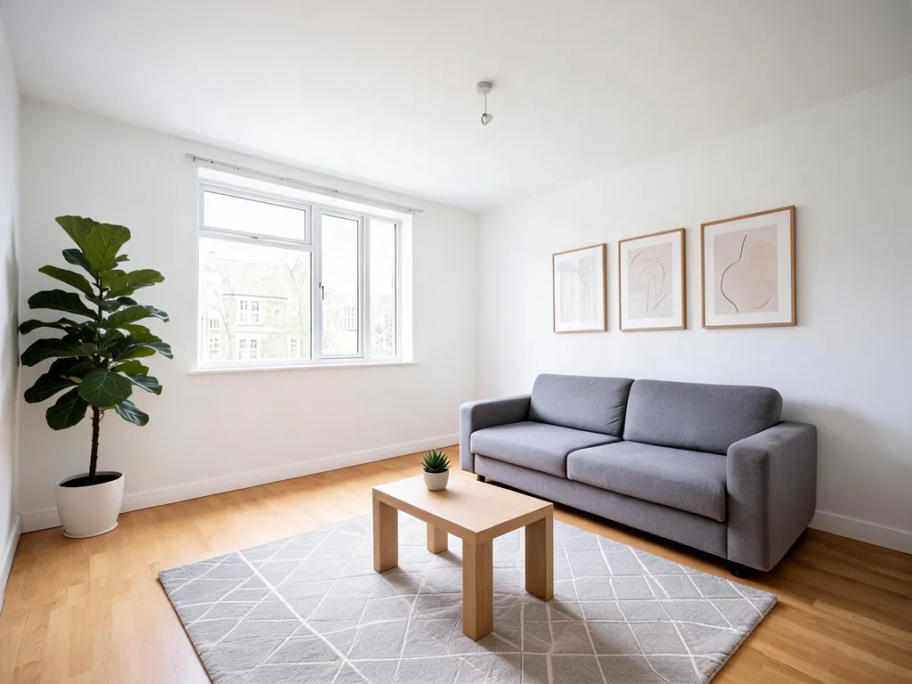 Empty living room virtually staged in Scandinavian style with a rug, plants, coffee table and wall art with Seedream 5.0 Lite